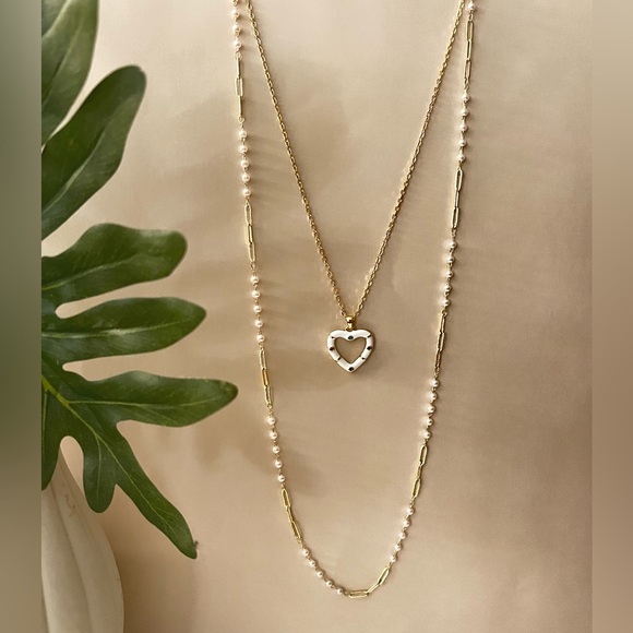 Gold & White Heart Trendy Necklace Set - Boho Layered Necklace Set - Picture 4 of 16
